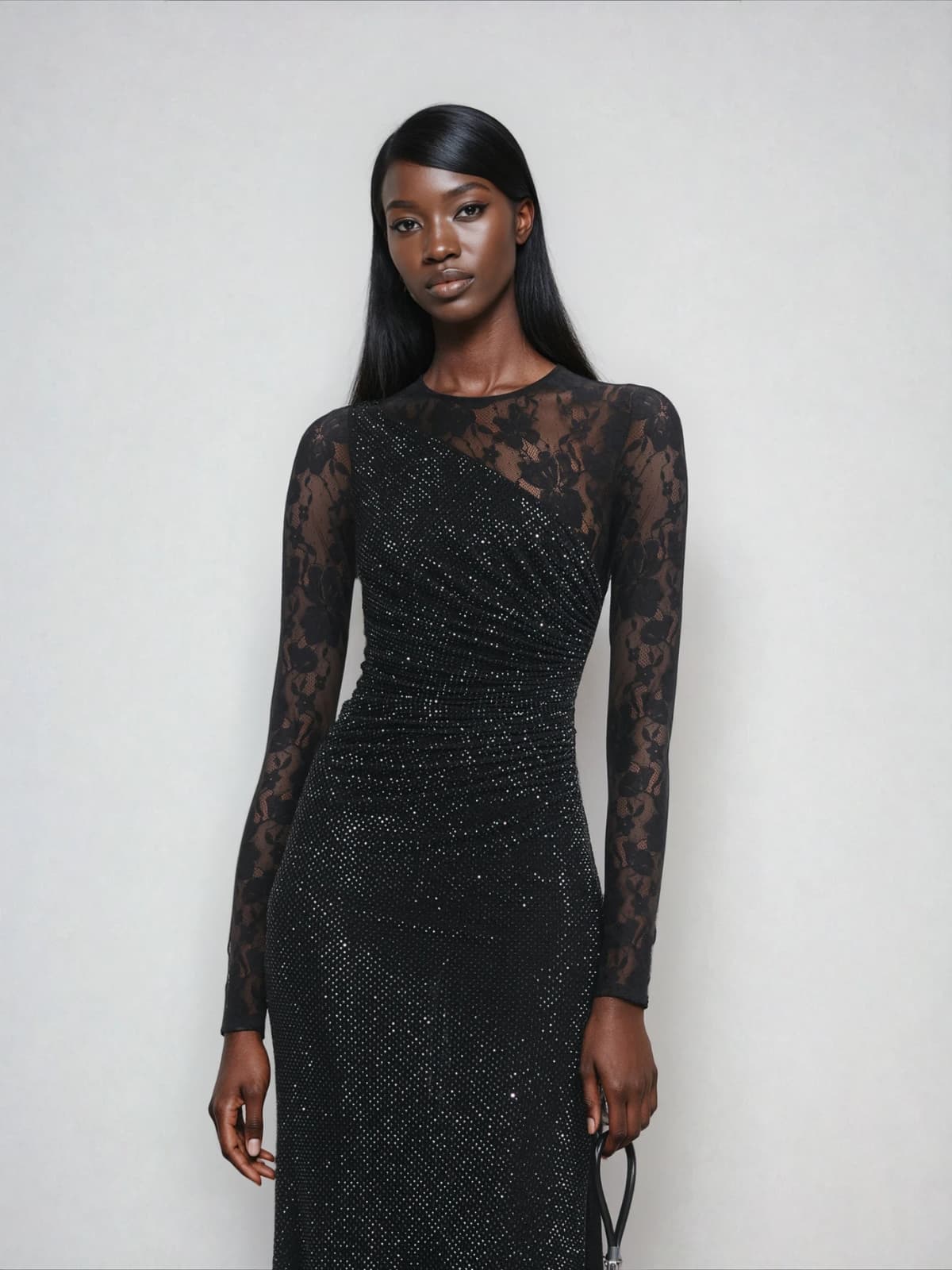 Raerion Rhinestone Lace Split Maxi Dress In Black
