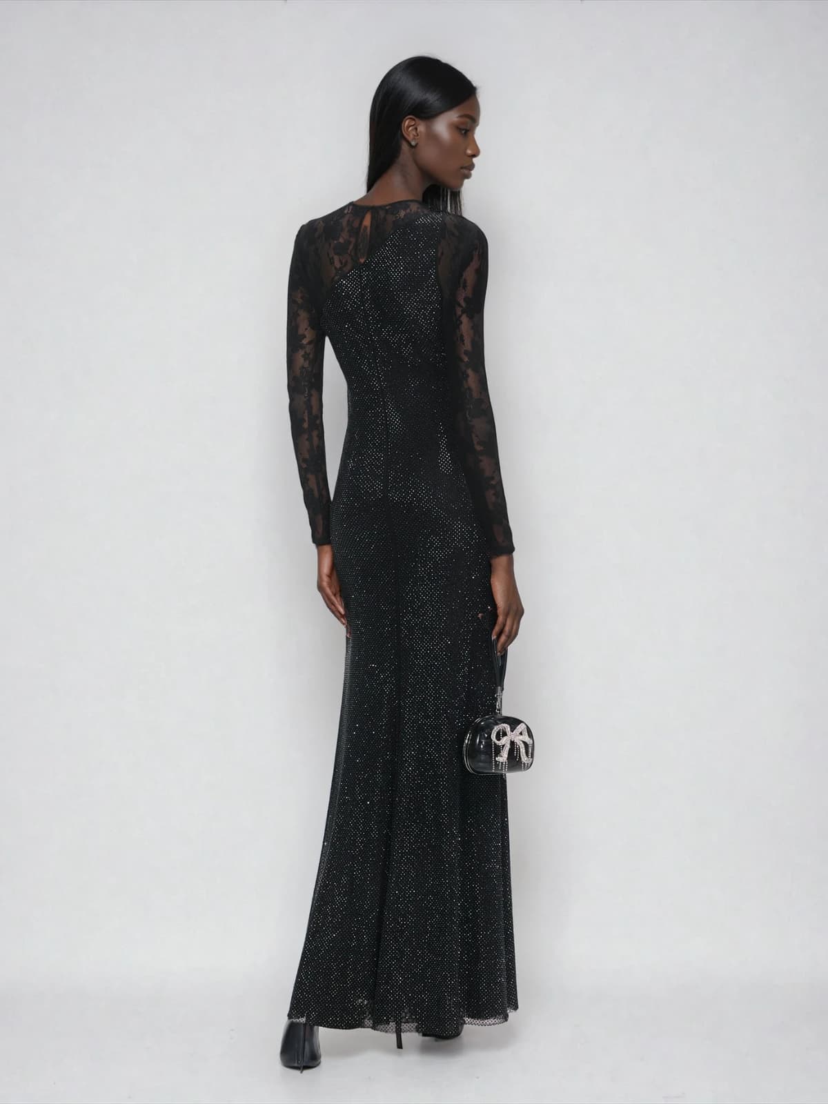 Raerion Rhinestone Lace Split Maxi Dress In Black