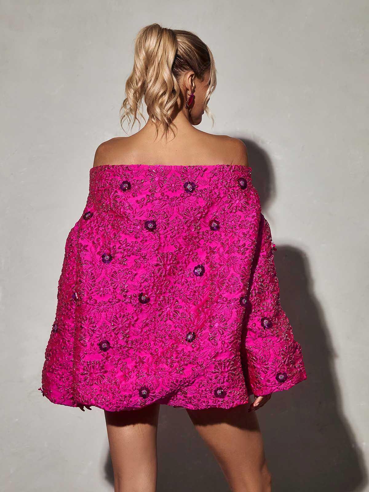 Aanya Long Sleeve Jacquard Mini Dress in pink showcasing floral patterns and sophisticated design.