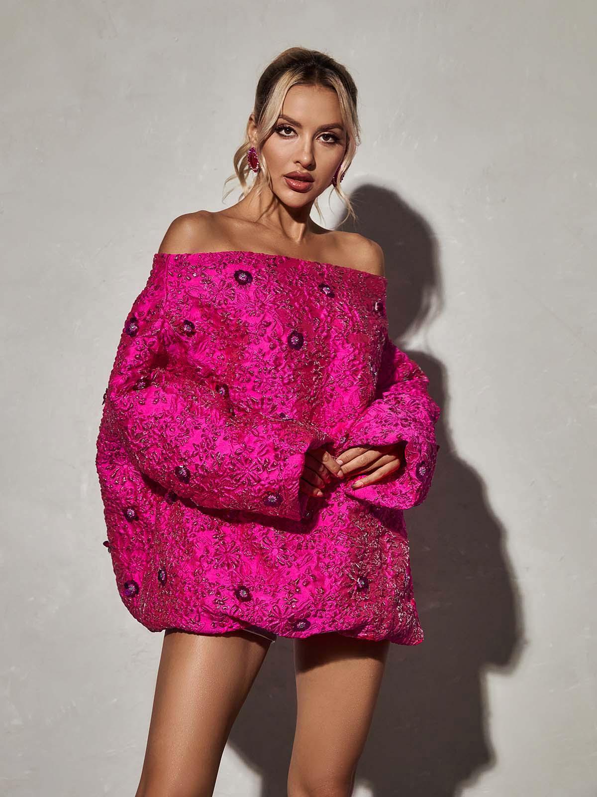 Back view of the Aanya Long Sleeve Jacquard Mini Dress, showcasing the sophisticated tailoring and design.