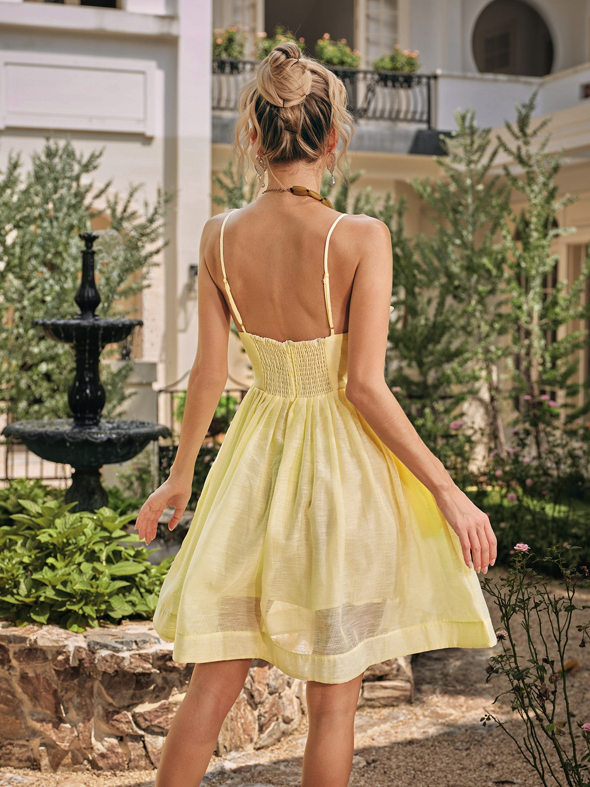 Rhema Spaghetti Ruched Mini Dress In Butter Yellow