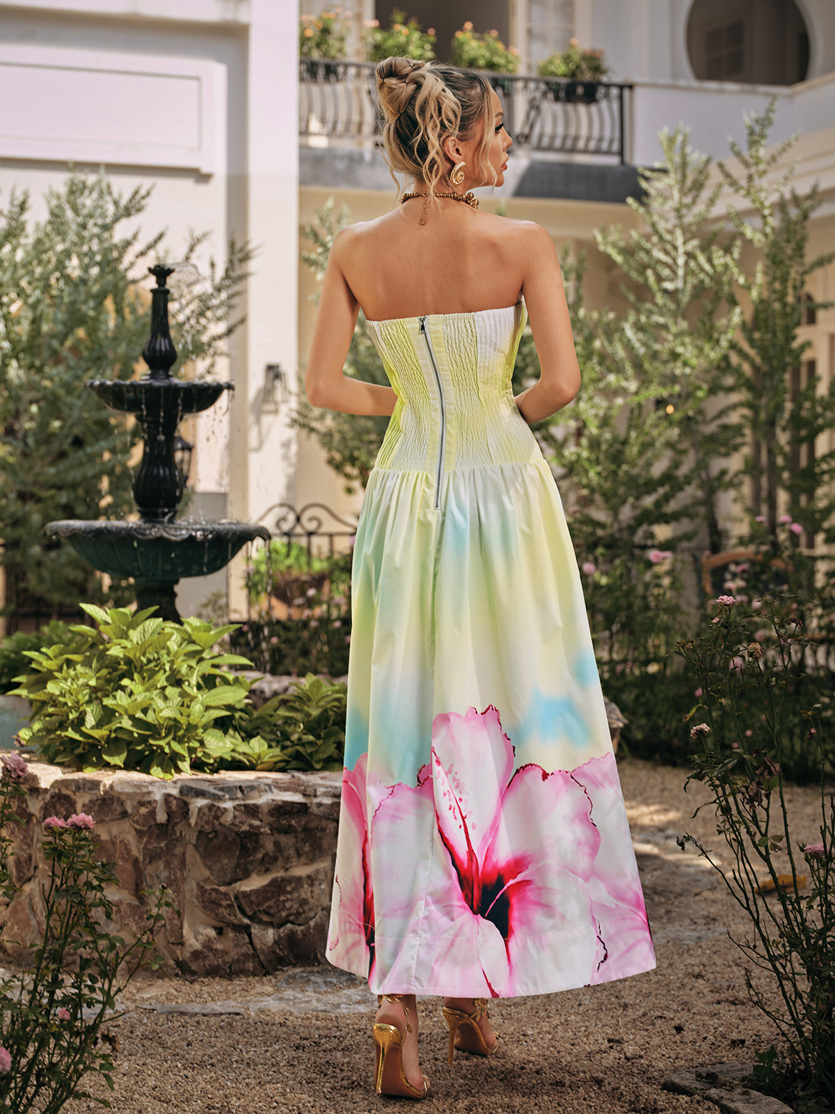 Rhodey Strapless Floral Pleated Maxi Dress