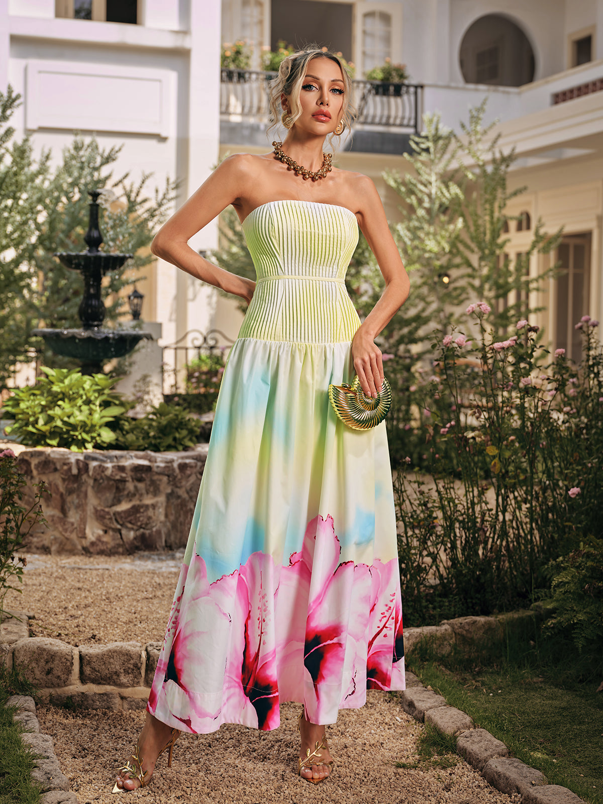 Rhodey Strapless Floral Pleated Maxi Dress