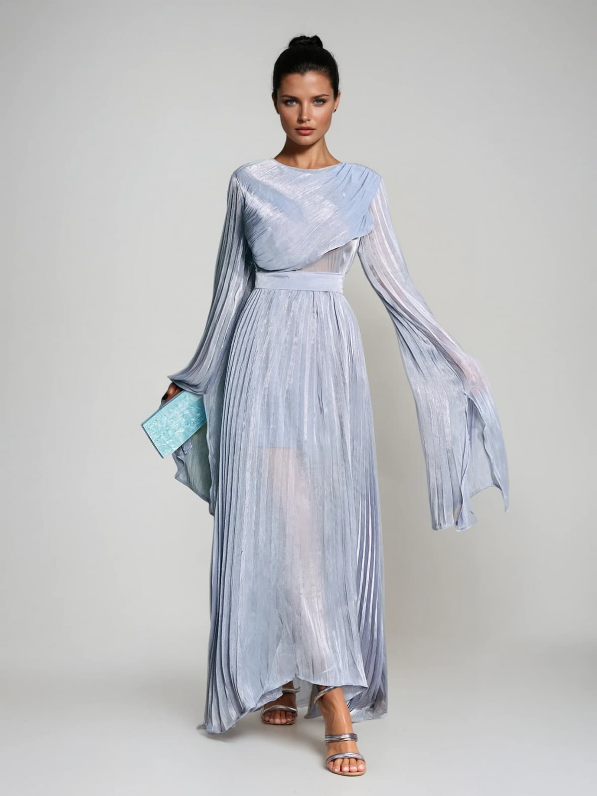 Rhory Long Sleeve Pleated Dress In Blue