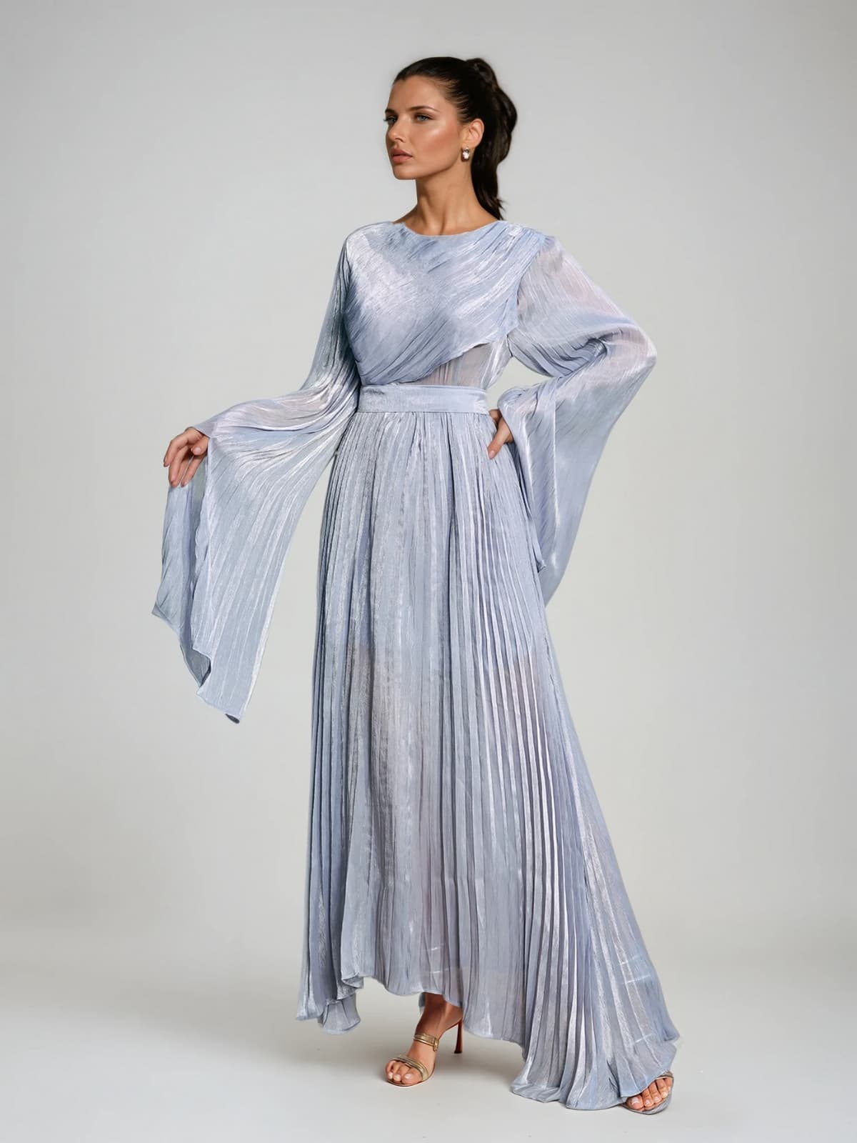 Rhory Long Sleeve Pleated Dress In Blue