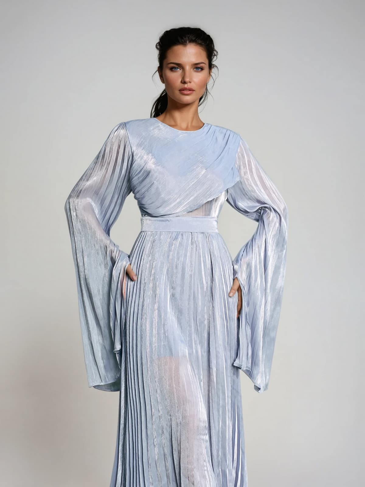 Rhory Long Sleeve Pleated Dress In Blue