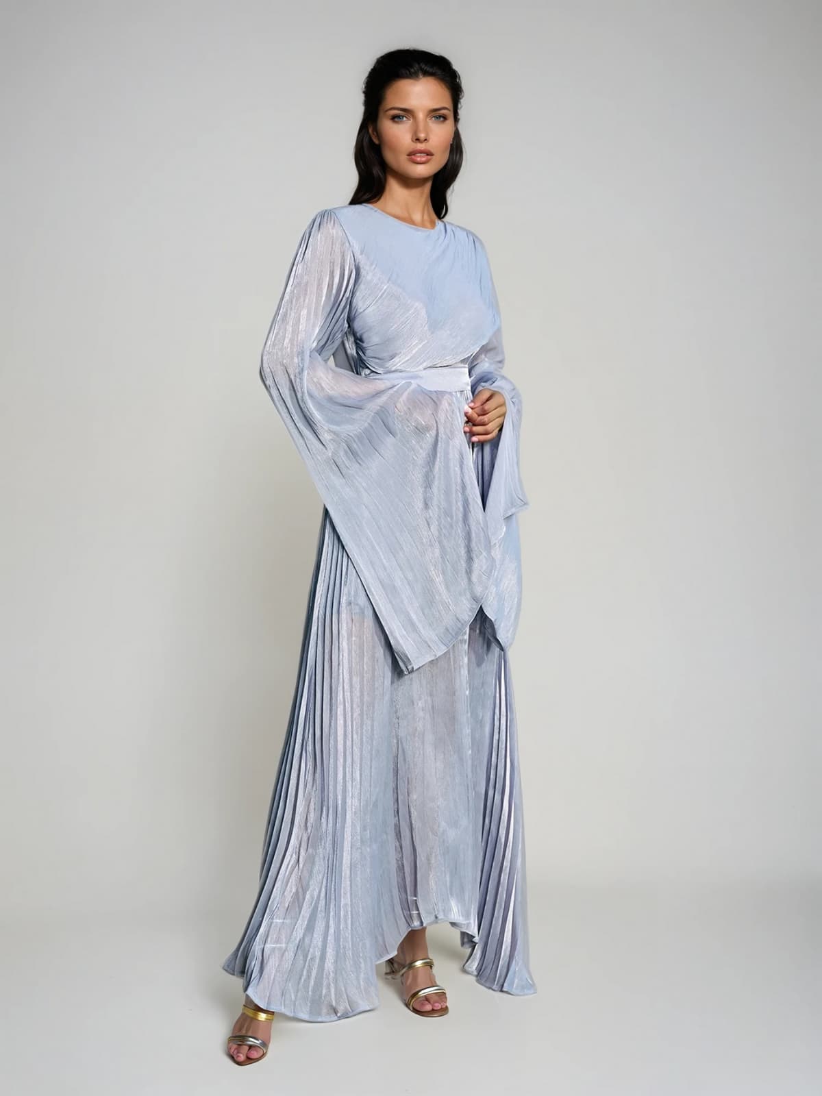 Rhory Long Sleeve Pleated Dress In Blue