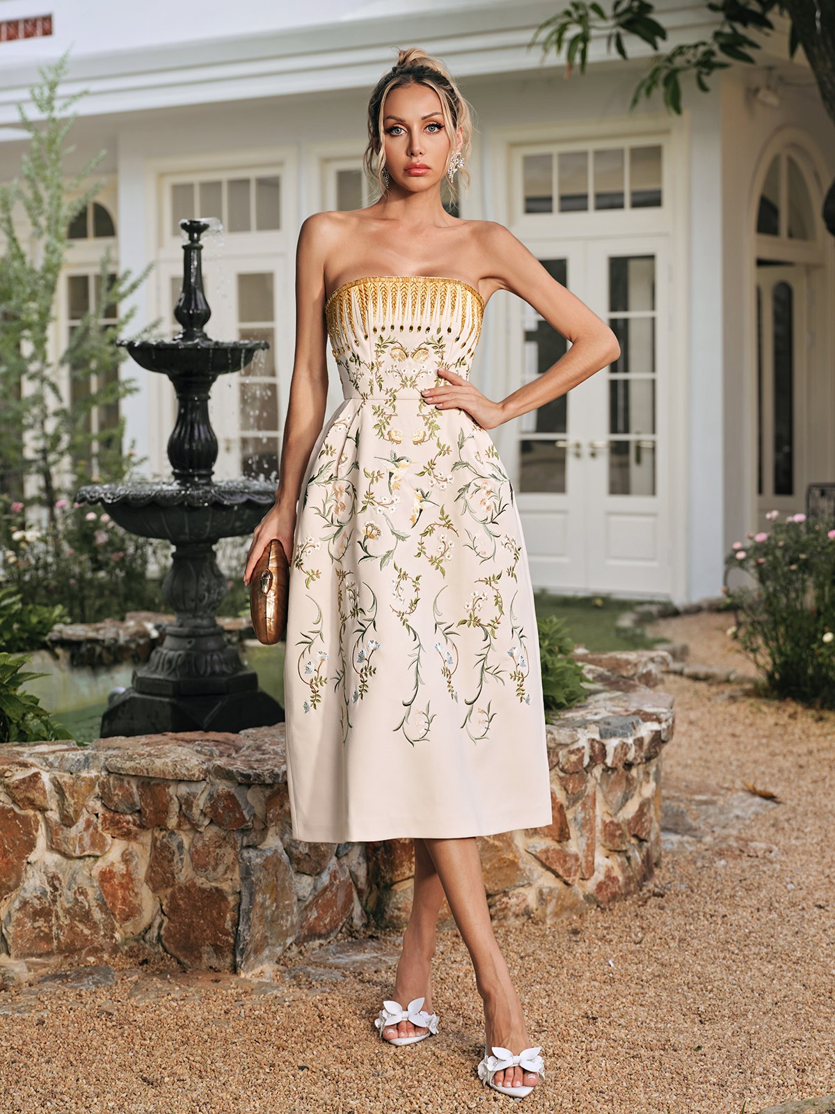 Rhoslyn Strapless Embroidered Midi Dress
