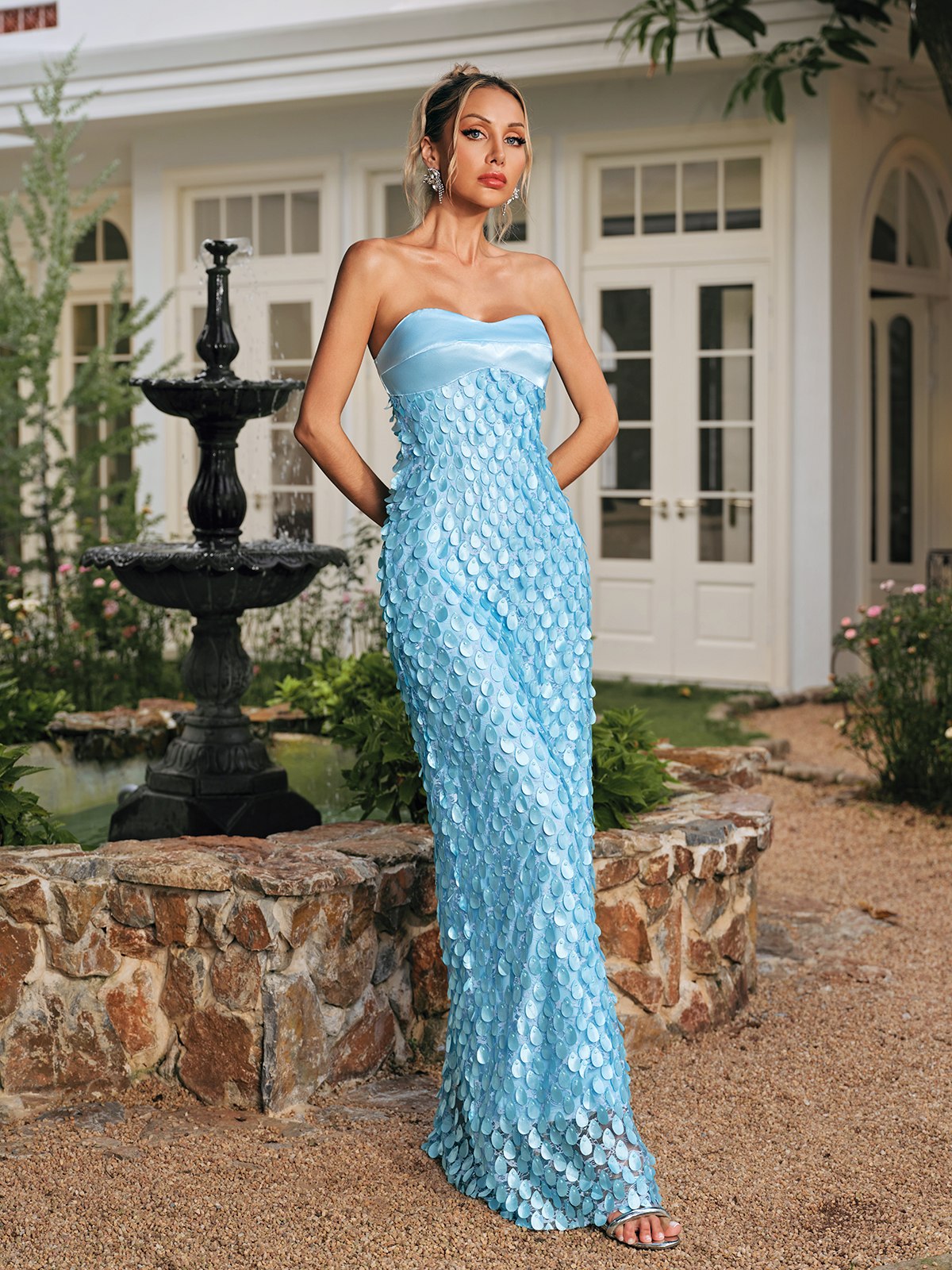 Rhoxane Strapless Scale Lace Maxi Dress
