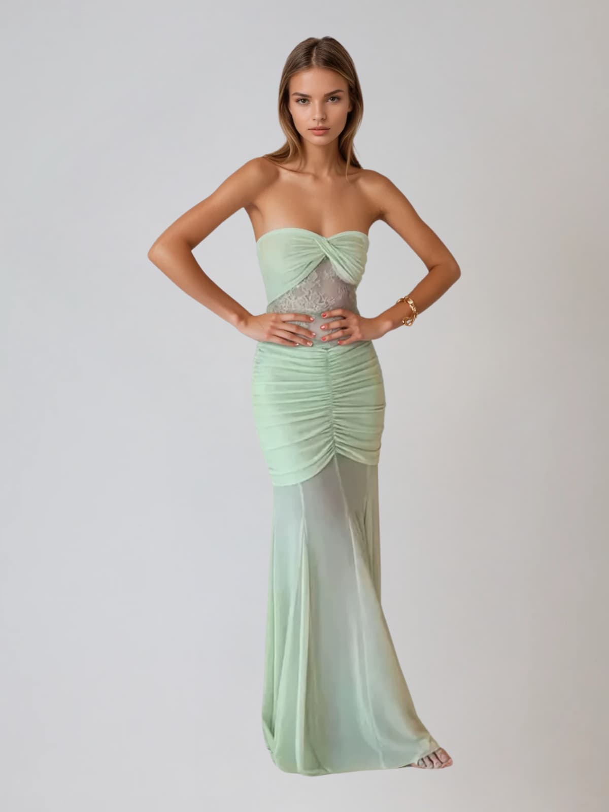 Ridhan Strapless Ruched Mermaid Dress In Green