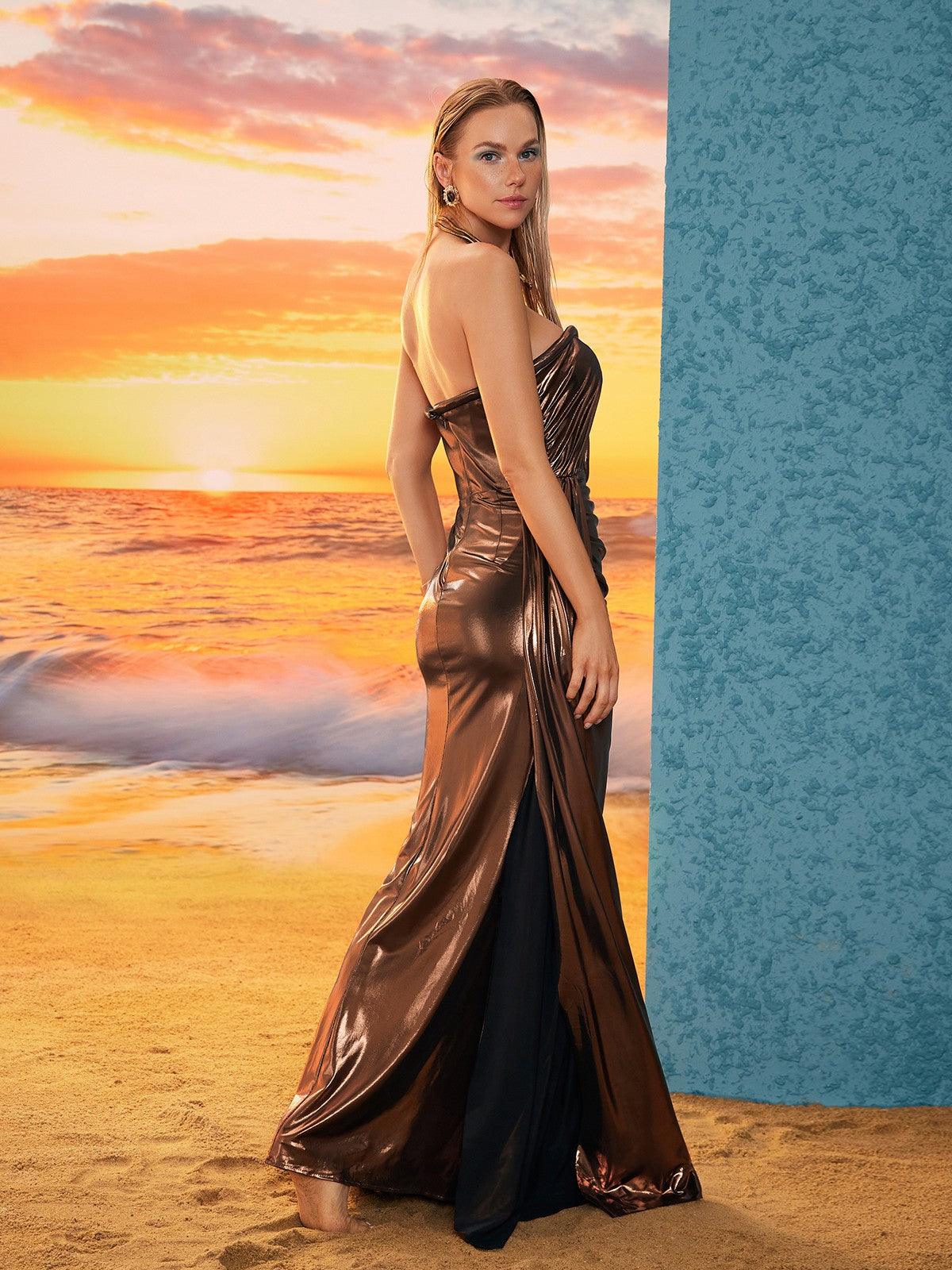 Rina Strapless Metallic Draped Maxi Dress