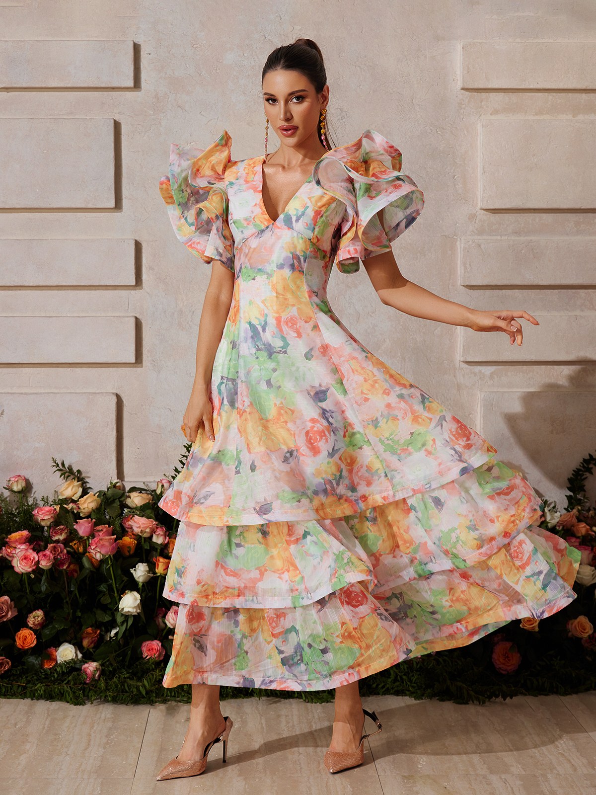 Rivyn V Neck Floral Printed Maxi Dress In Orange