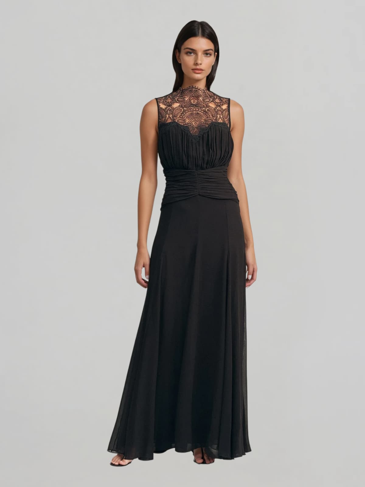 Ryrithia Sleeveless Lace Ruched Maxi Dress