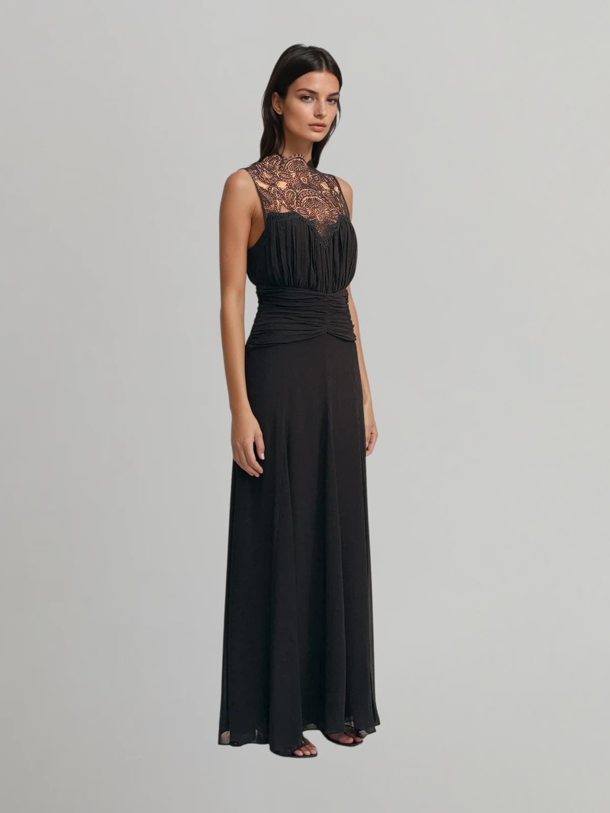 Ryrithia Sleeveless Lace Ruched Maxi Dress
