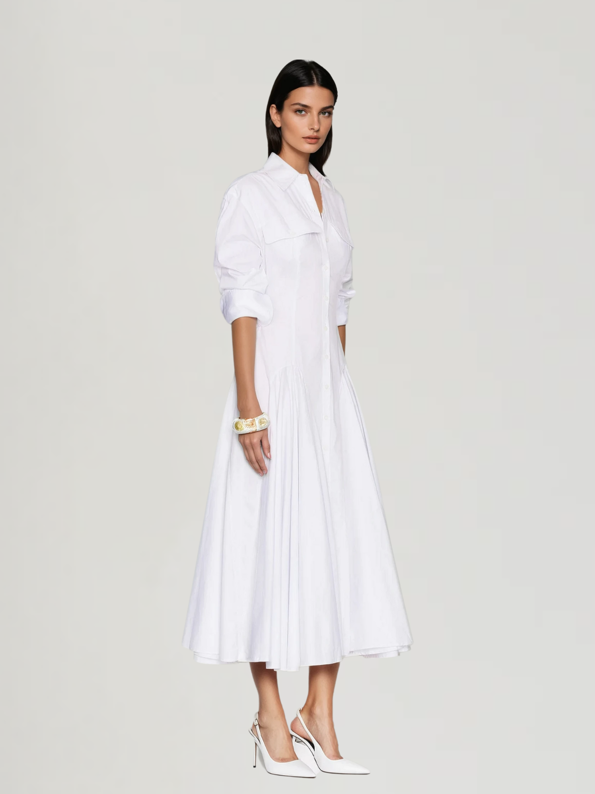 Ryxra Folded Collar Button Up Midi Dress