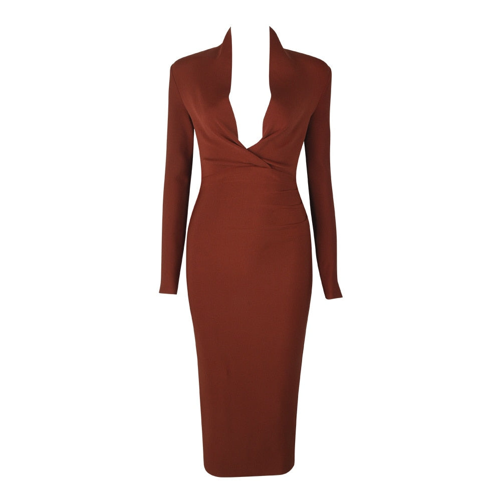 Full Sleeve Bandage party Dress-Brown