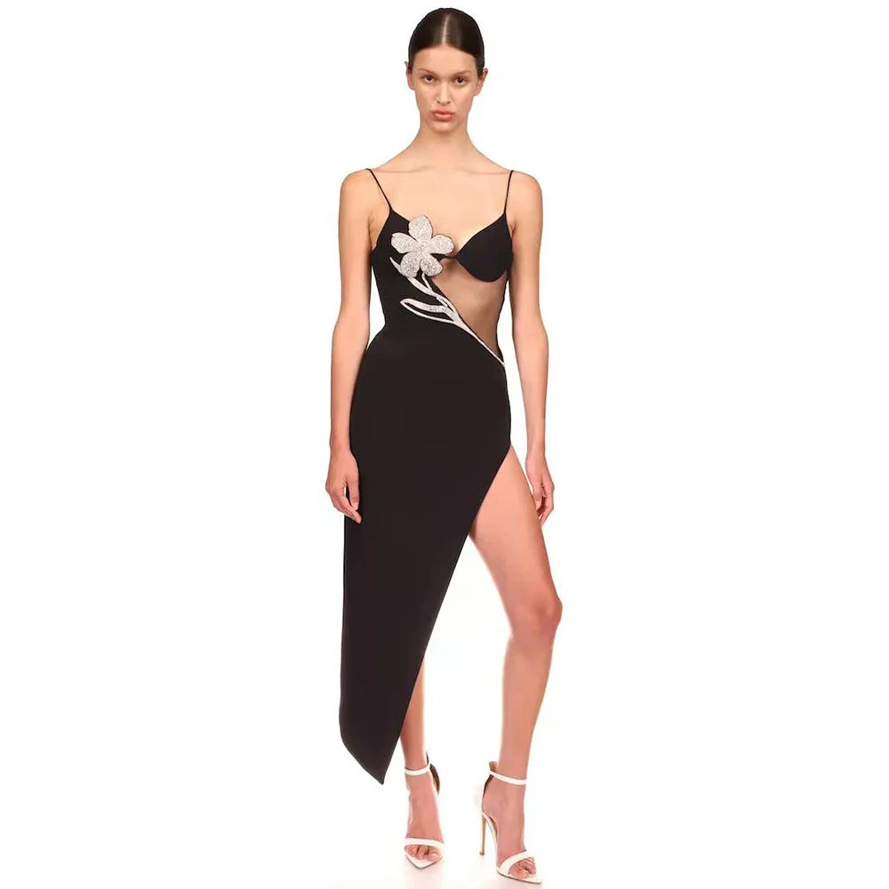 Tar See-through Bouquet Diamond Mesh Dress