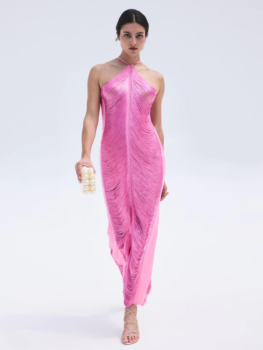 CELEB FUR IRREGULAR MAXI DRESS-PINK