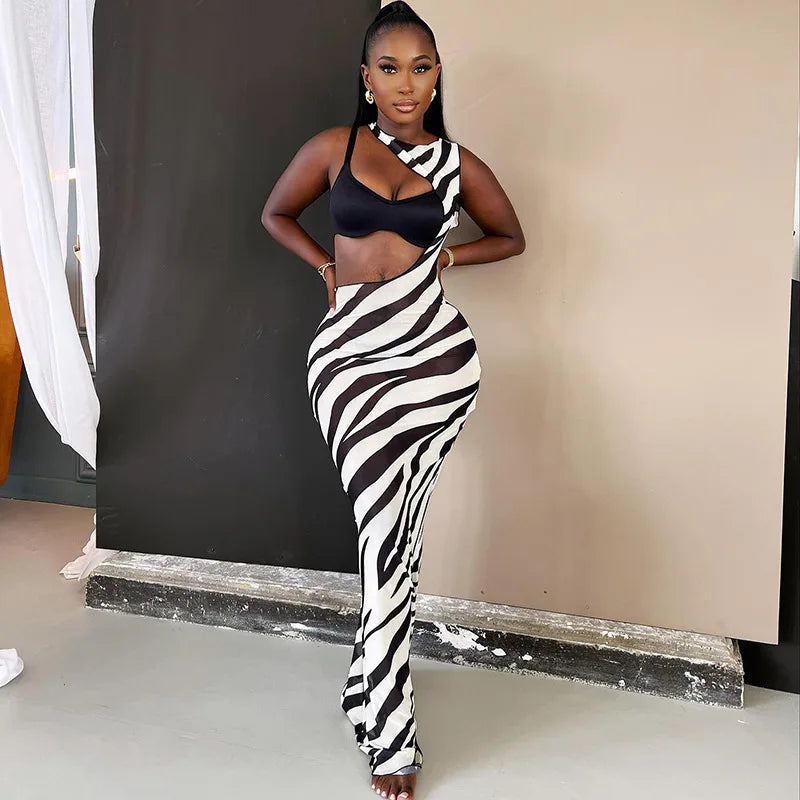 Black Sheer Mesh Zebra Maxi Cutout Dress