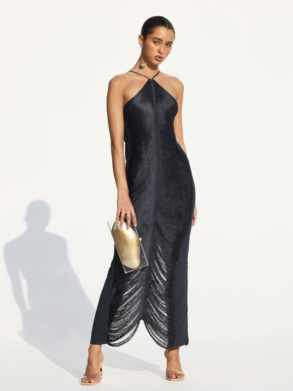 CELEB FUR IRREGULAR MAXI DRESS-WHITE