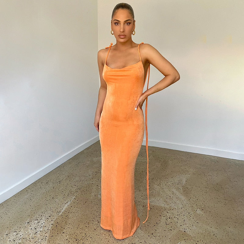 Lemiya Backless Lace up Hanging Night Dress-Orange