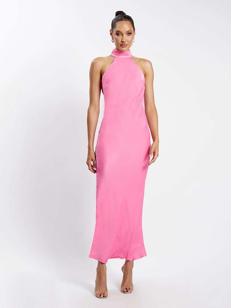 HIGH NECK SATIN WED PARTY DRESS