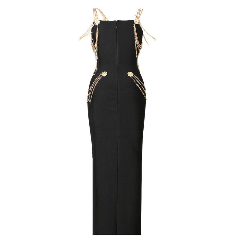 Chain Diamond Slim Fit Tight Bandage Dress-Black