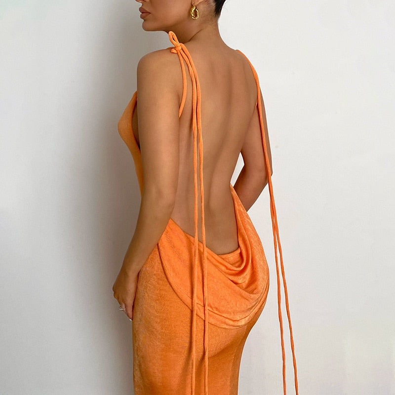 Lemiya Backless Lace up Hanging Night Dress-Orange