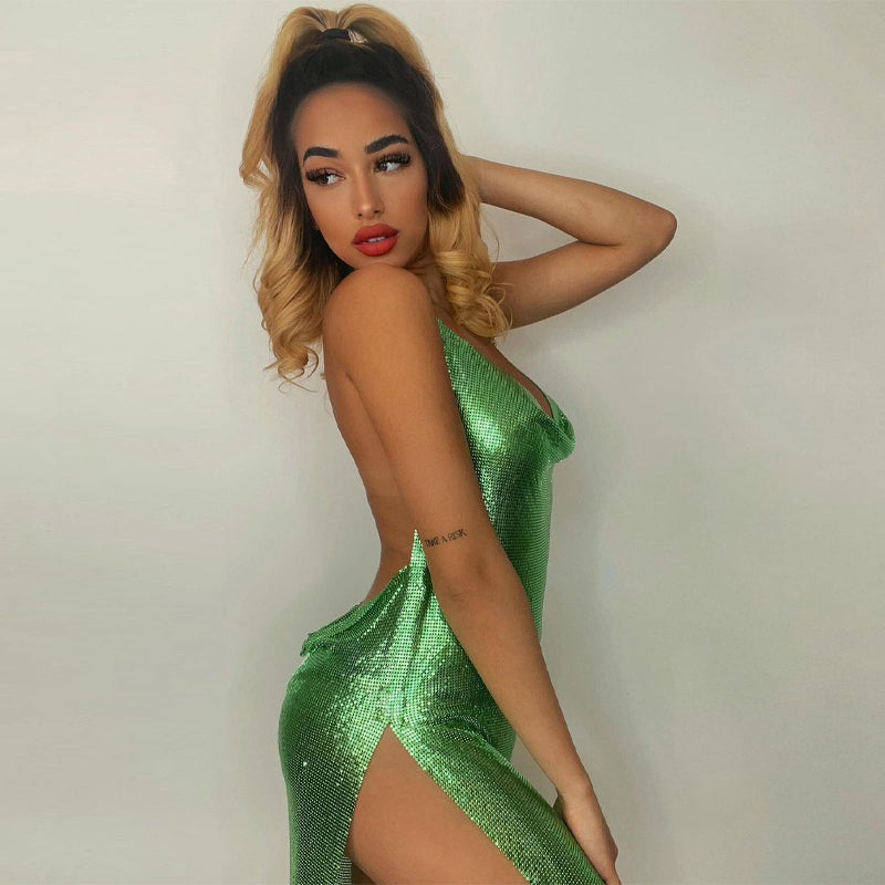 Backless Diamante Mesh Mini Party Dress - Green