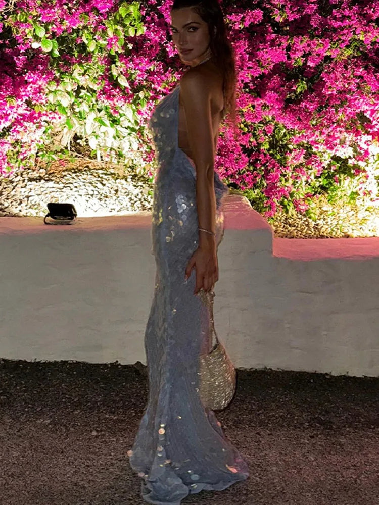 RENA BACKLESS FISH SKIN MAXI DRESS