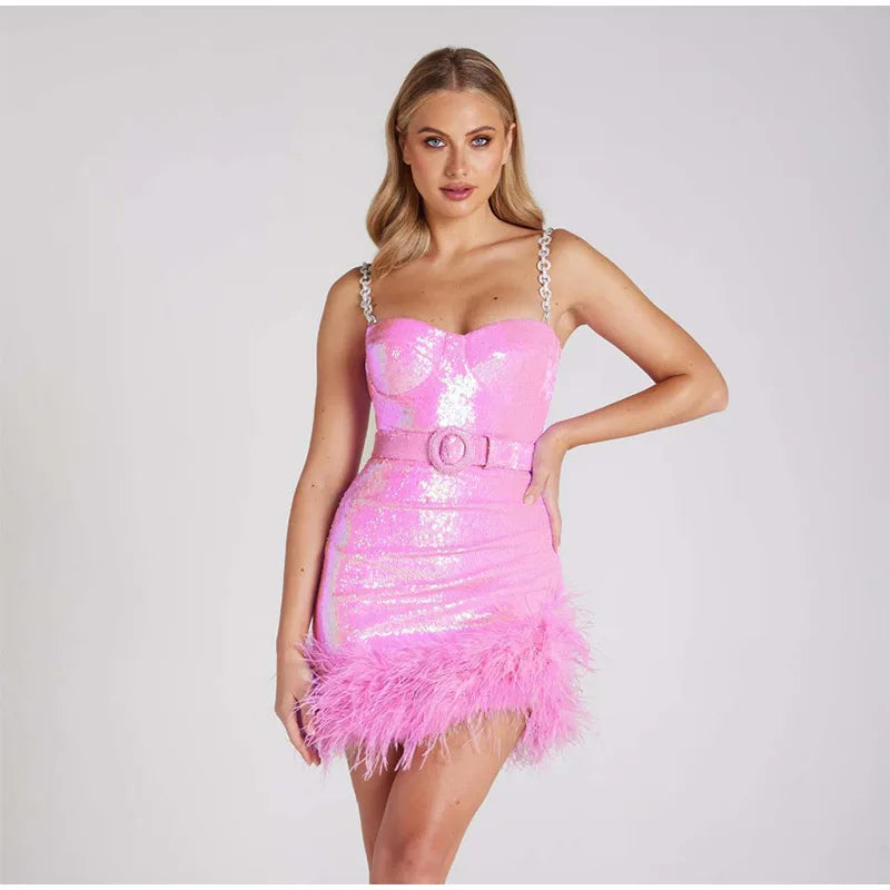 Gorgeous Fur Belt Sequin Slip Dress