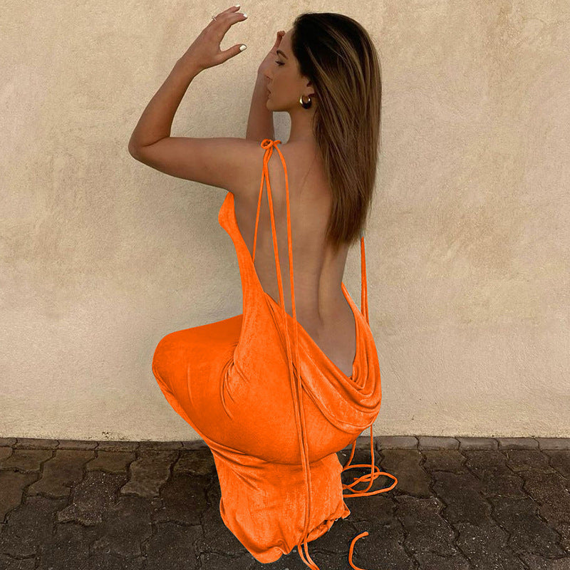 Lemiya Backless Lace up Hanging Night Dress-Orange