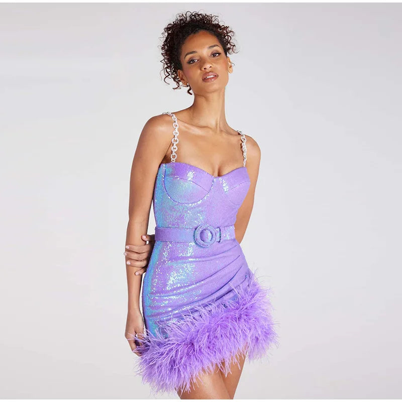 Gorgeous Fur Belt Sequin Slip Dress