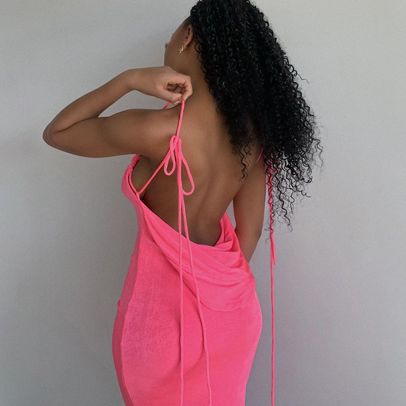 Lemiya Backless Lace up Hanging Night Dress-Pink