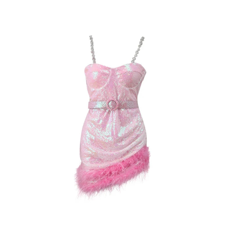 Gorgeous Fur Belt Sequin Slip Dress
