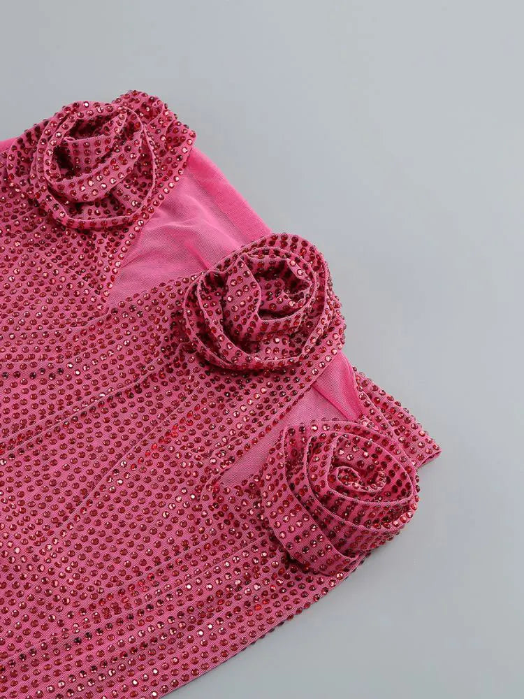 Chic Elegant Flowers Rhinestone Dress-Rose Red