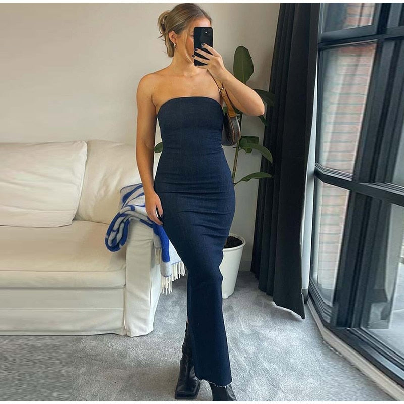 Strapless Jean Slit Midi Dress