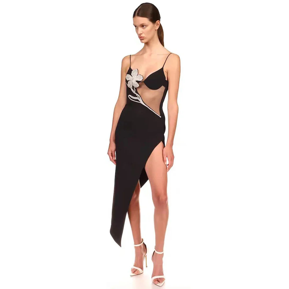 Tar See-through Bouquet Diamond Mesh Dress