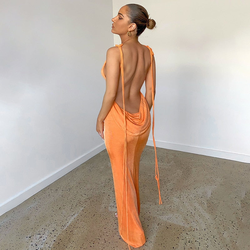 Lemiya Backless Lace up Hanging Night Dress-Orange