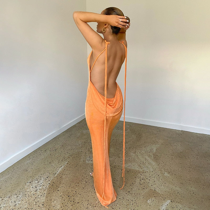 Lemiya Backless Lace up Hanging Night Dress-Orange