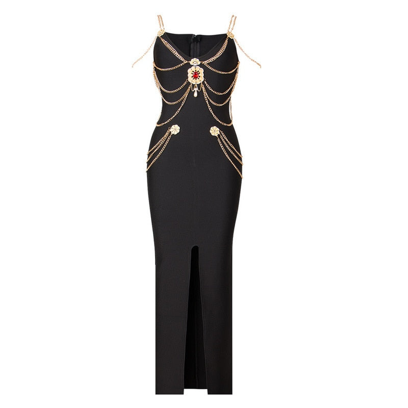 Chain Diamond Slim Fit Tight Bandage Dress-Black