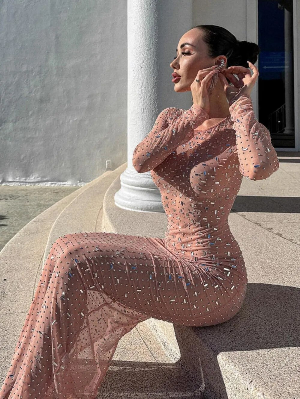Rhinestone Mesh Long Sleeve Split Dress