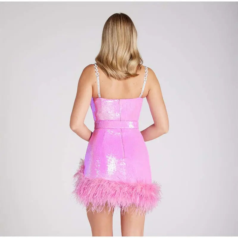 Gorgeous Fur Belt Sequin Slip Dress