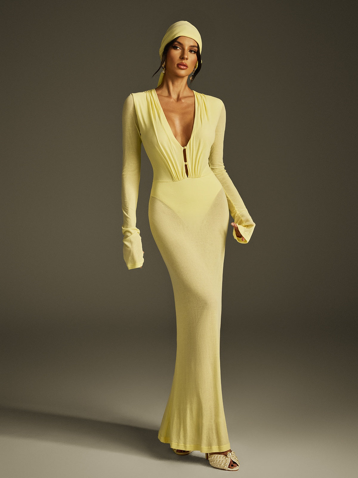 Saeltrix Plunge Neck Mesh Maxi Dress