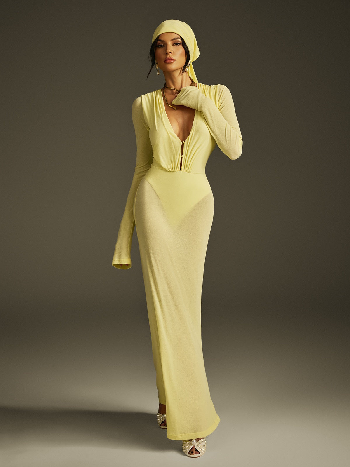 Saeltrix Plunge Neck Mesh Maxi Dress