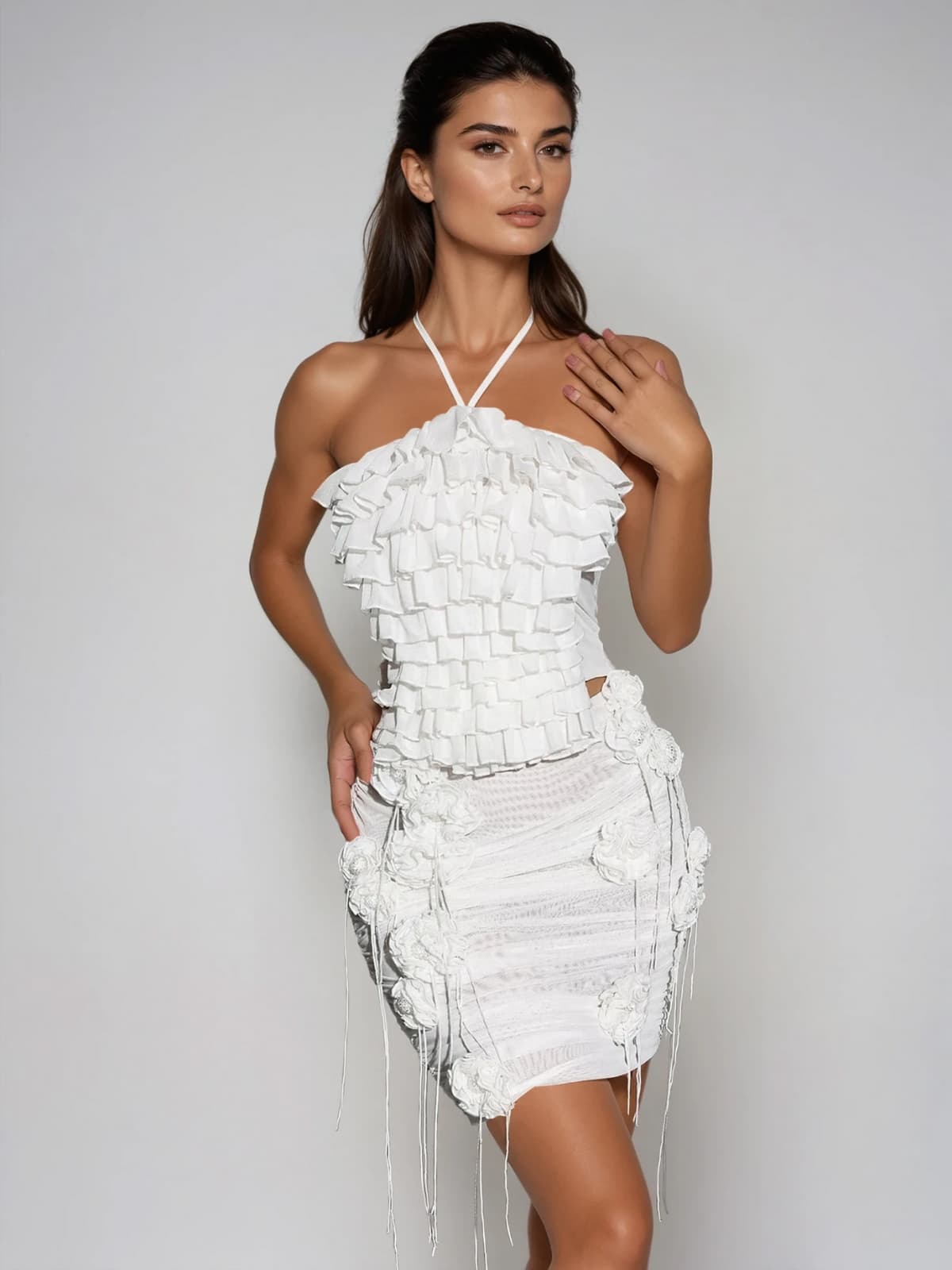 Sarabi Halterneck Ruched Flower Skirt Set
