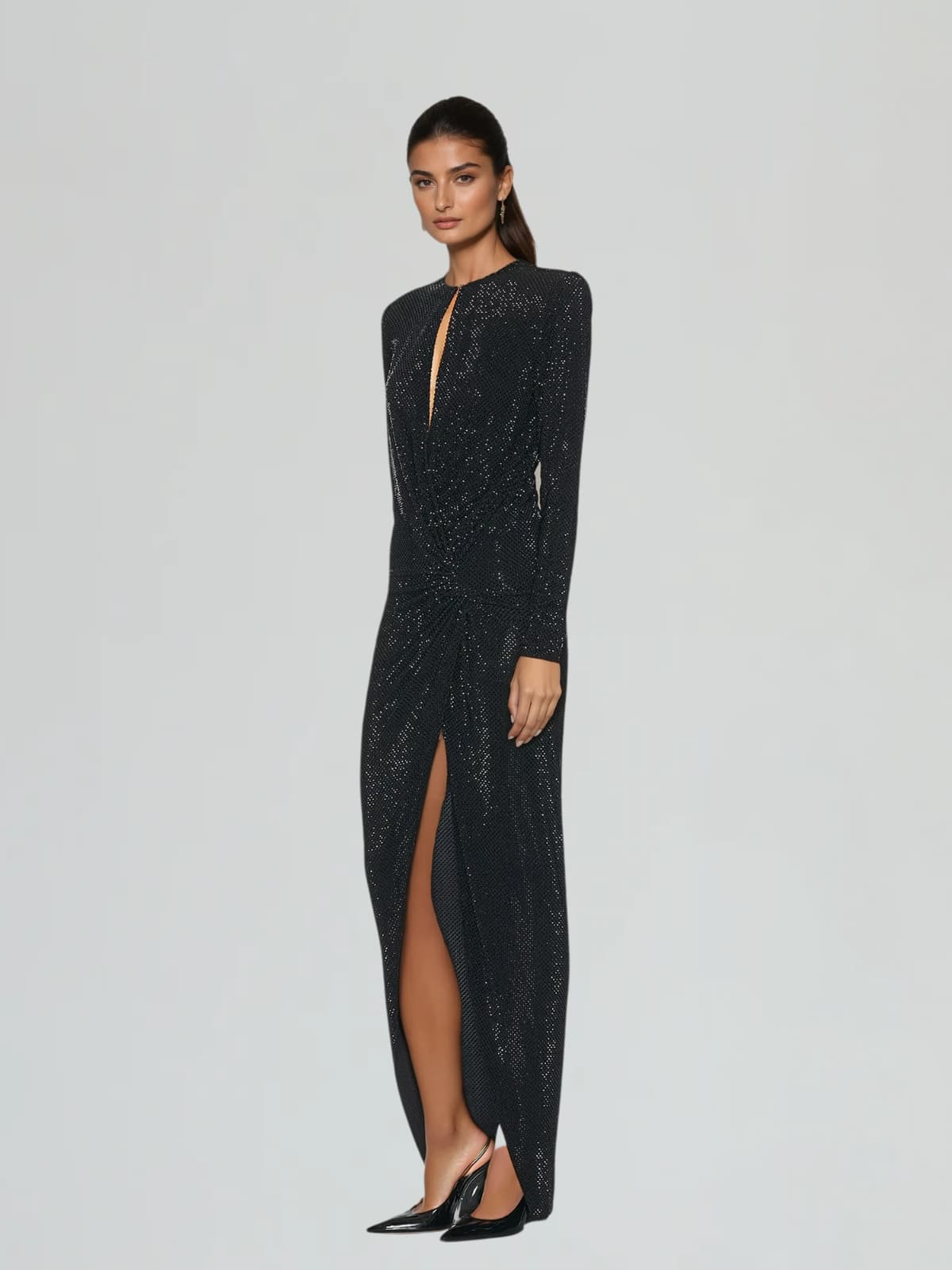 Sazra Plunge Neck Split Rhinestone Maxi Dress