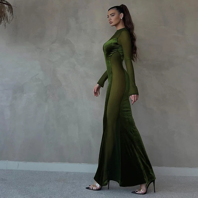 Velvet Mesh Splicing Long-sleeved Dress