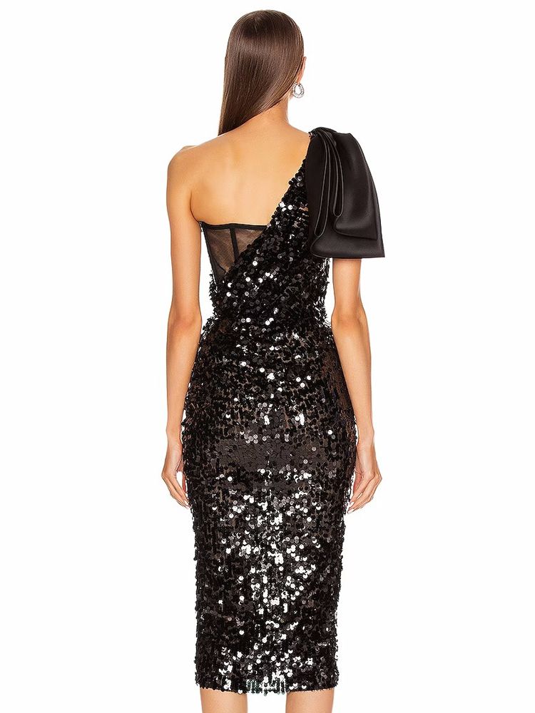 Elite One-shoulder Bow Sequined Sheath Dress