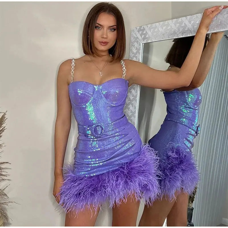 Gorgeous Fur Belt Sequin Slip Dress